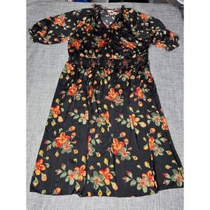 Black Floral Print Midi Dress Puff Sleeve Smocked Waist V Neck Terra&Sky